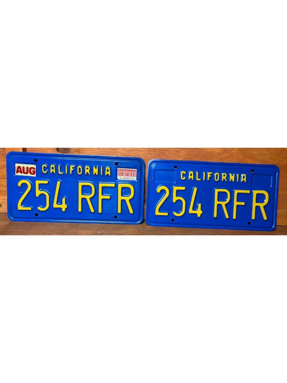 California License Plates Set Original Blue/Yellow 1977 Sticker YOM Clear DMV